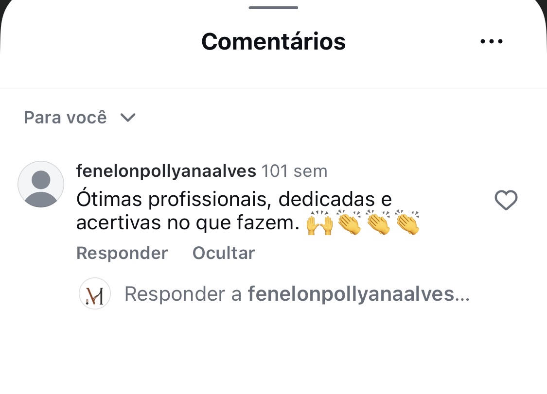 Depoimento compartilhado via Instagram sobre a experiência na clínica