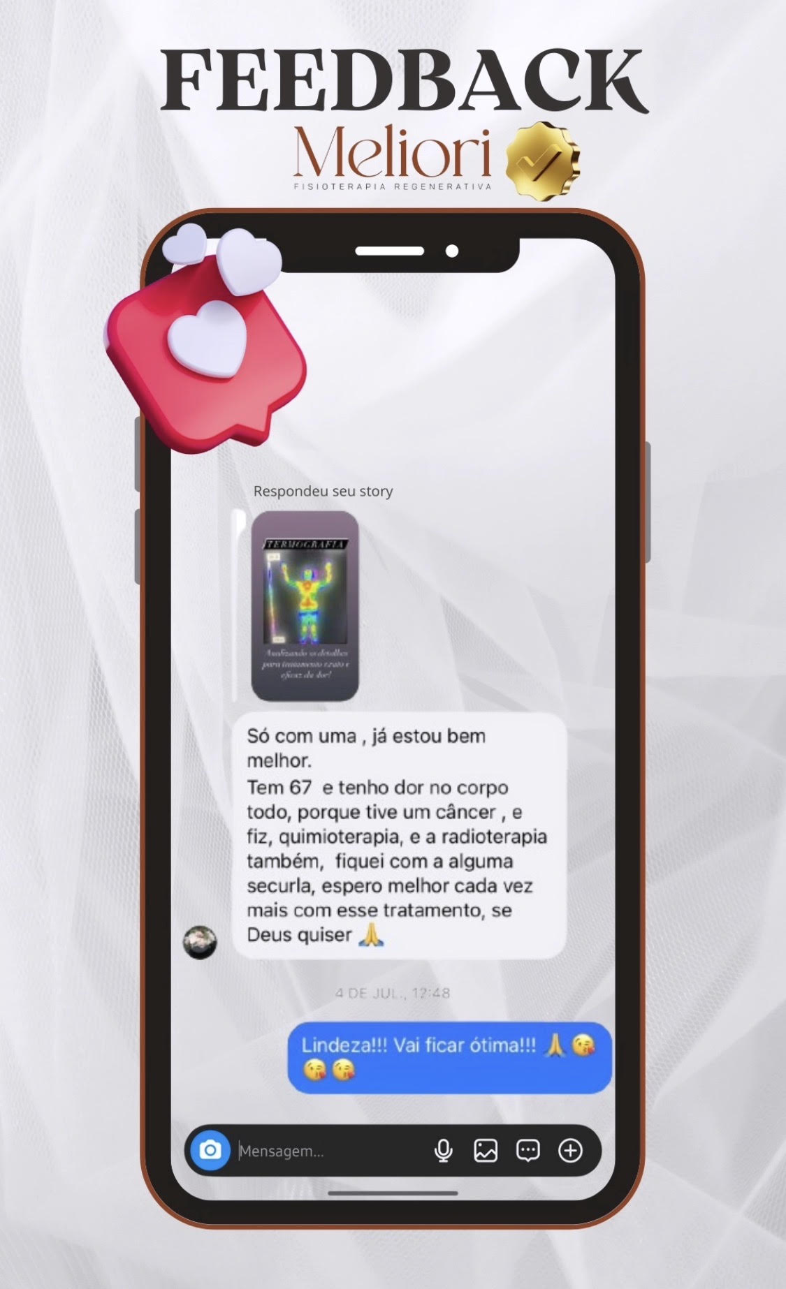 Feedback de paciente sobre o atendimento e evolução do tratamento